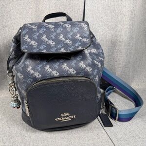 Coach Backpack Purse Horse & Carriage Print Navy Blue 11” + Coach Bear Charm